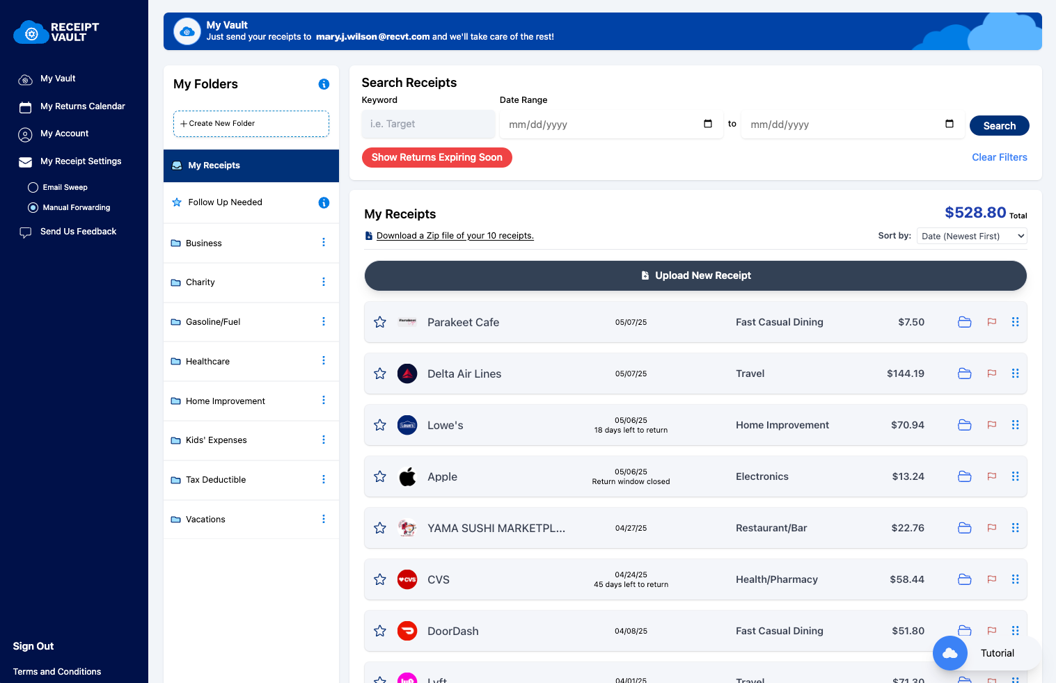 Receipt Vault dashboard